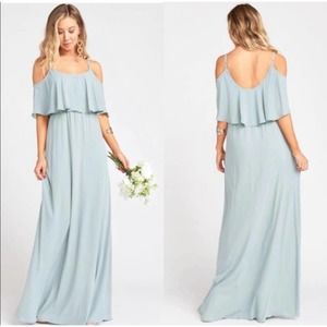 Show Me Your Mumu Caitlin Ruffle Maxi Dress Steel Blue Chiffon NWT